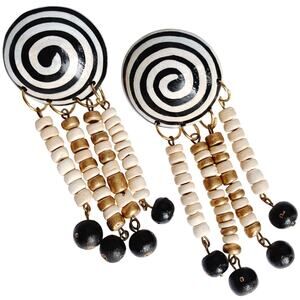 VTG 1980s Earrings Painted Wood Spiral Bead Fringe Statement Black White Boho